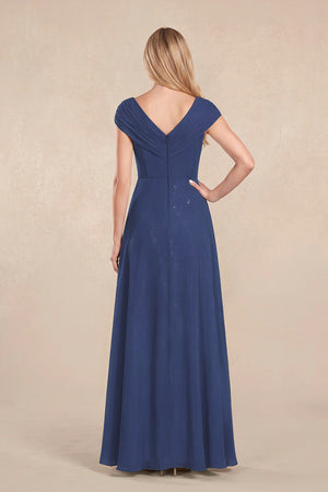 Navy Cap Sleeves Chiffon A-Line Lace V-Neck Mother of the Bride Dress (2) | KISSBRIDAL