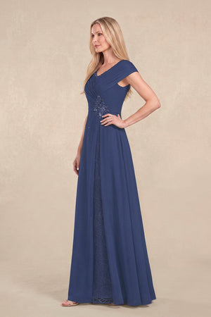 Navy Cap Sleeves Chiffon A-Line Lace V-Neck Mother of the Bride Dress (3) | KISSBRIDAL