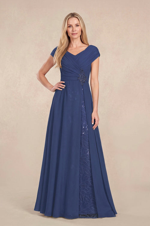 Navy Cap Sleeves Chiffon A-Line Lace V-Neck Mother of the Bride Dress | KISSBRIDAL