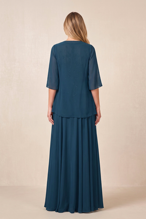 Navy Cape Sleeves A-Line Chiffon Scoop Neck Embroidered Mother of the Bride Dress (2) | KISSBRIDAL
