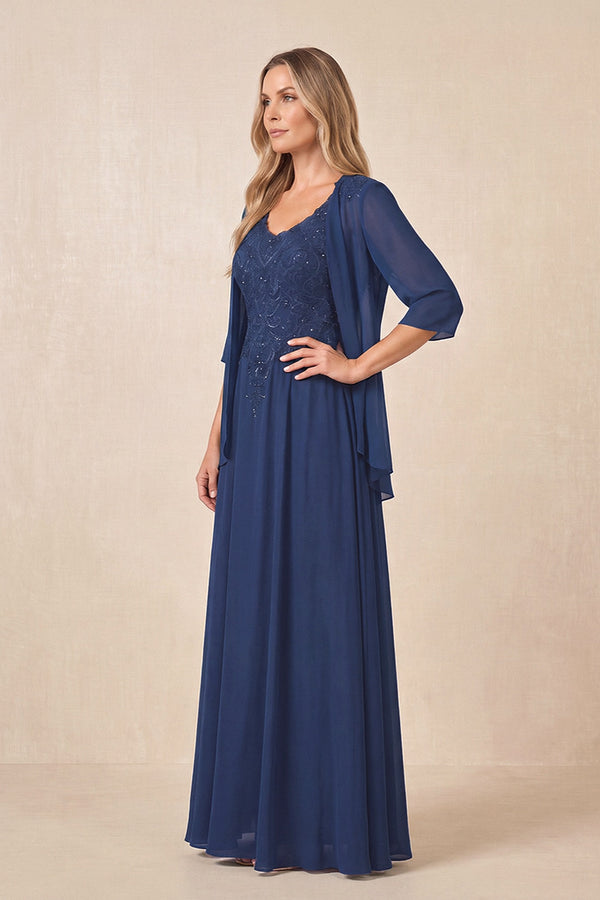 Navy Cape Sleeves A-Line Chiffon Scoop Neck Embroidered Mother of the Bride Dress (3) | KISSBRIDAL