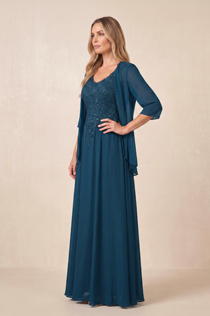 Navy Cape Sleeves A-Line Chiffon Scoop Neck Embroidered Mother of the Bride Dress (3) | KISSBRIDAL
