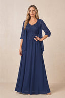 Navy Cape Sleeves A-Line Chiffon Scoop Neck Embroidered Mother of the Bride Dress | KISSBRIDAL