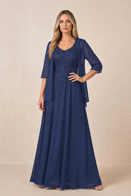Navy Cape Sleeves A-Line Chiffon Scoop Neck Embroidered Mother of the Bride Dress | KISSBRIDAL