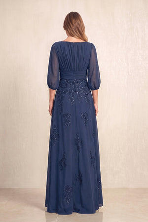 Navy Chiffon A-Line Embroidered Boat Neck Long Mother of the Bride Dress (2) | KISSBRIDAL