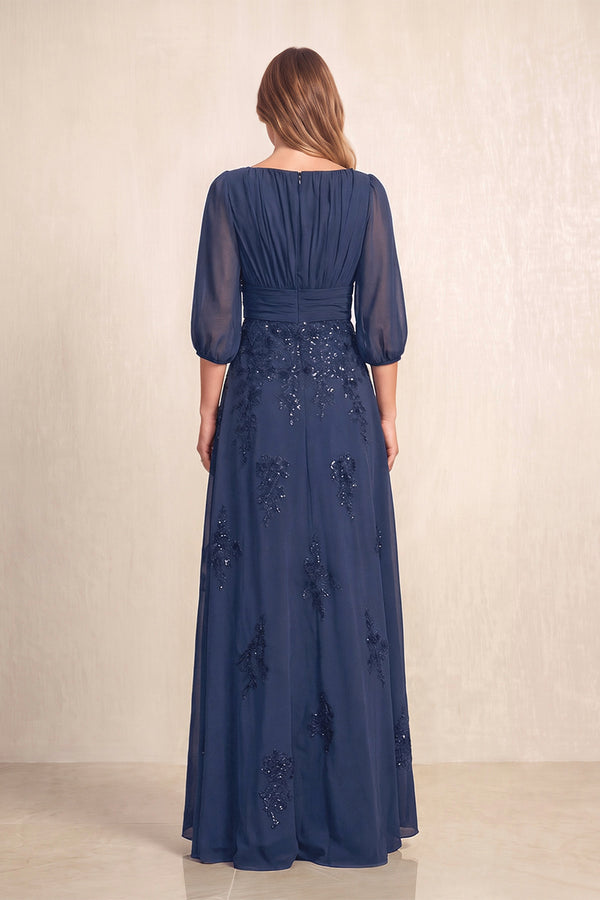 Navy Chiffon A-Line Embroidered Boat Neck Long Mother of the Bride Dress (2) | KISSBRIDAL