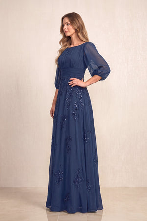 Navy Chiffon A-Line Embroidered Boat Neck Long Mother of the Bride Dress (3) | KISSBRIDAL