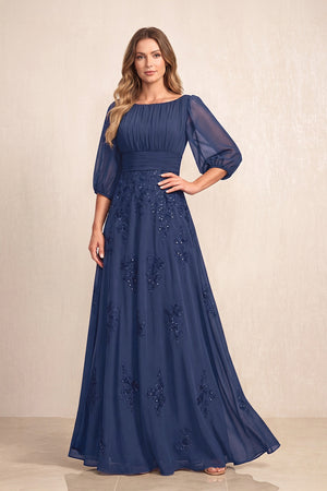 Navy Chiffon A-Line Embroidered Boat Neck Long Mother of the Bride Dress | KISSBRIDAL