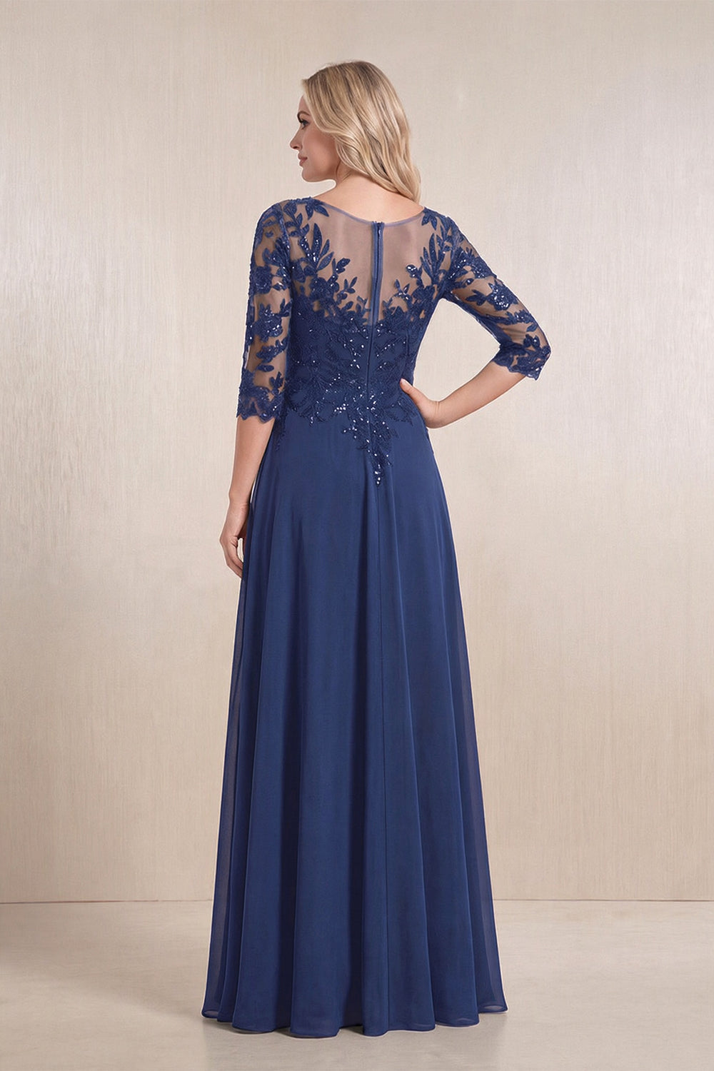 Navy Chiffon A-Line Embroidered Mother of the Bride Dress With Sleeves