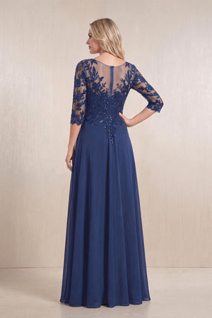 Navy Chiffon A-Line Embroidered Mother of the Bride Dress With Sleeves (2) | KISSBRIDAL