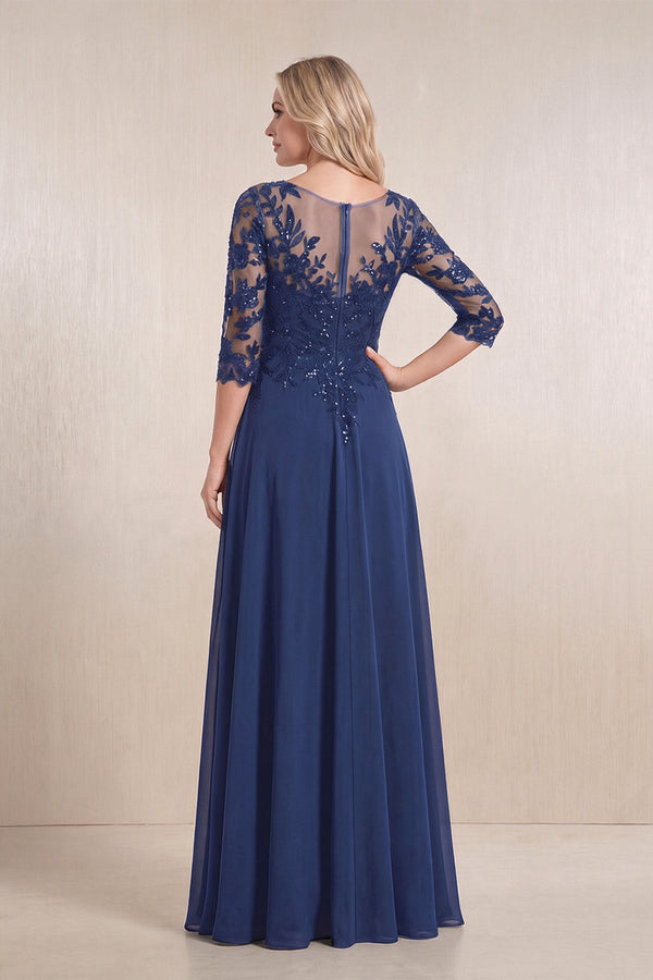 Navy Chiffon A-Line Embroidered Mother of the Bride Dress With Sleeves (2) | KISSBRIDAL