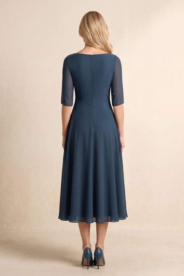Navy Chiffon A-Line V-Neck Midi Mother of the Bride Dress with Sleeves (2) | KISSBRIDAL