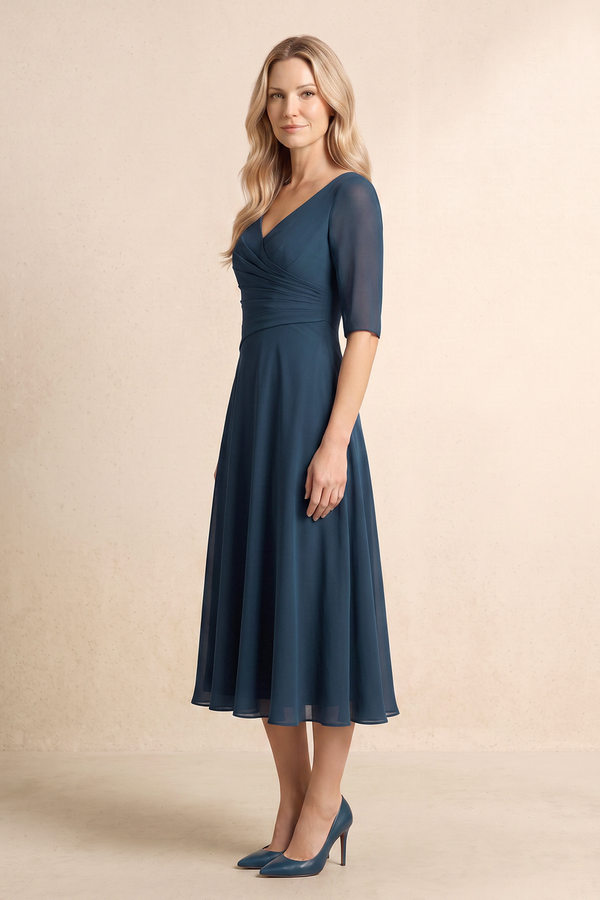 Navy Chiffon A-Line V-Neck Midi Mother of the Bride Dress with Sleeves (3) | KISSBRIDAL