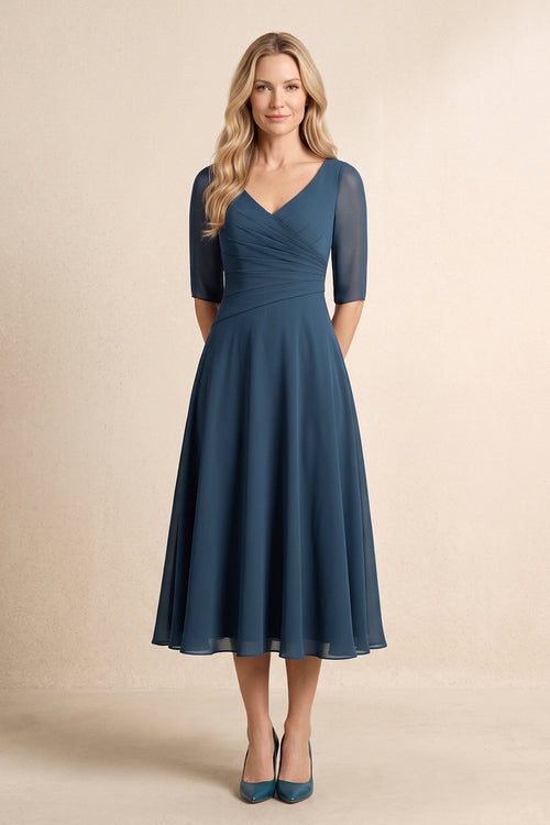 Navy Chiffon A-Line V-Neck Midi Mother of the Bride Dress with Sleeves | KISSBRIDAL