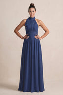 Navy Chiffon Halter A-Line Mother of the Bride Dress | KISSBRIDAL
