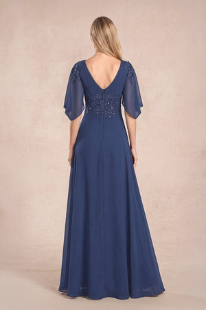 Navy Chiffon Lone Sleeves A-Line V-Neck Embroidered Mother of the Bride Dress (2) | KISSBRIDAL