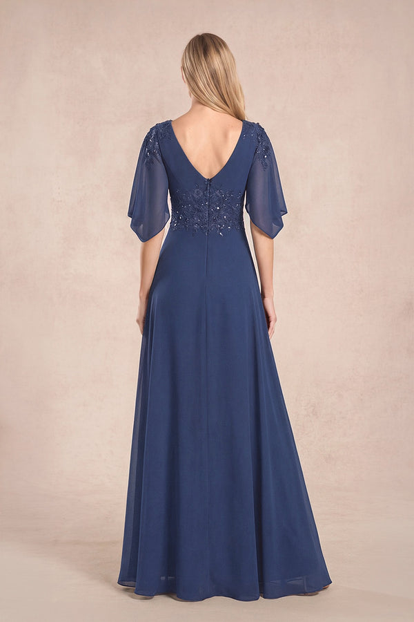 Navy Chiffon Lone Sleeves A-Line V-Neck Embroidered Mother of the Bride Dress (2) | KISSBRIDAL