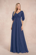 Navy Chiffon Lone Sleeves A-Line V-Neck Embroidered Mother of the Bride Dress | KISSBRIDAL