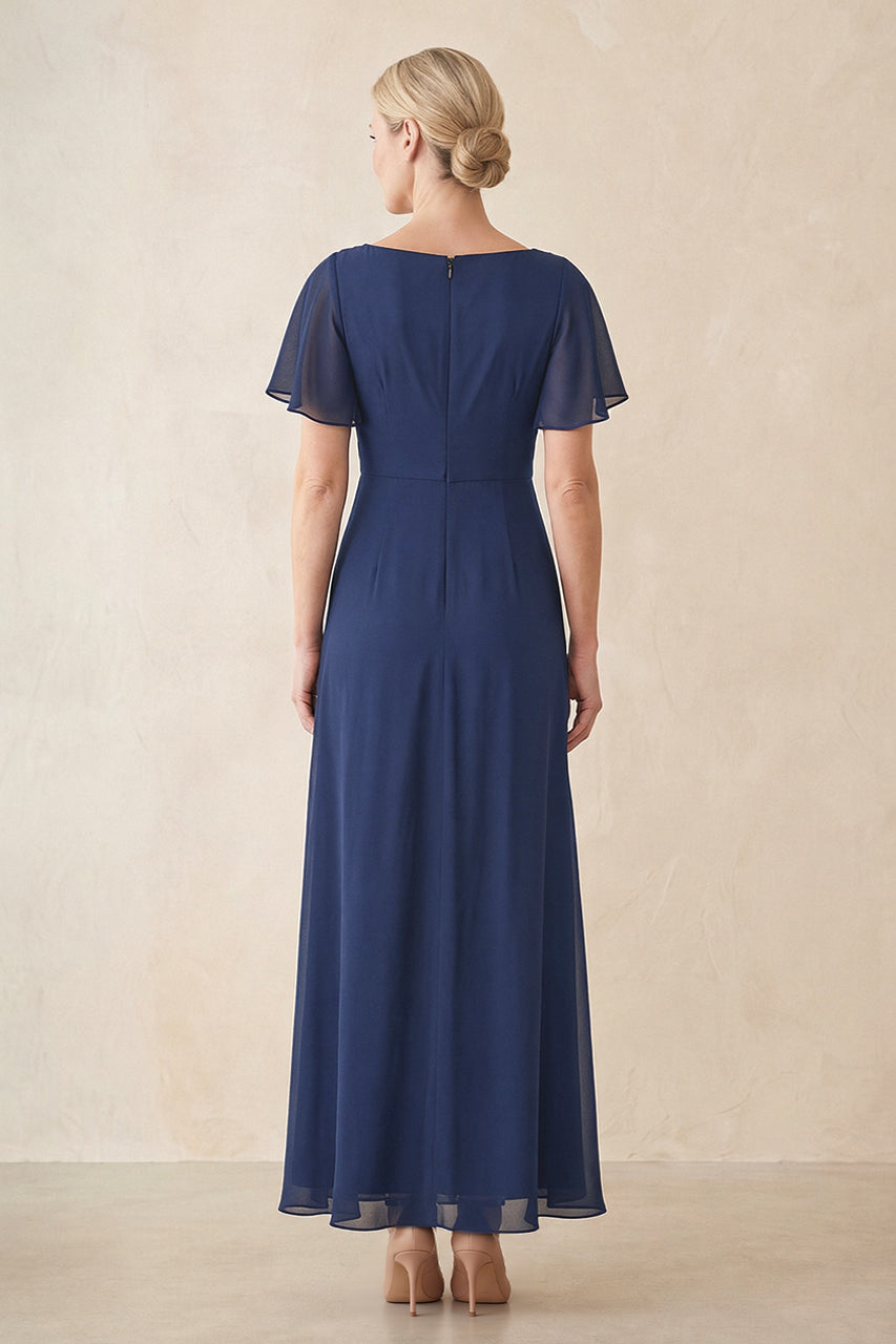 Navy Chiffon Ruched A-Line Ruffled Sleeves Midi Mother of the Bride Dress