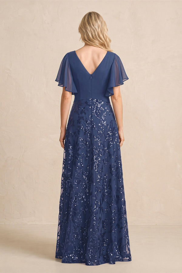 Navy Chiffon V-Neck A-Line Embroidered Mother of the Bride Dress with Ruffled Sleeves (2) | KISSBRIDAL