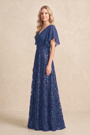 Navy Chiffon V-Neck A-Line Embroidered Mother of the Bride Dress with Ruffled Sleeves (3) | KISSBRIDAL