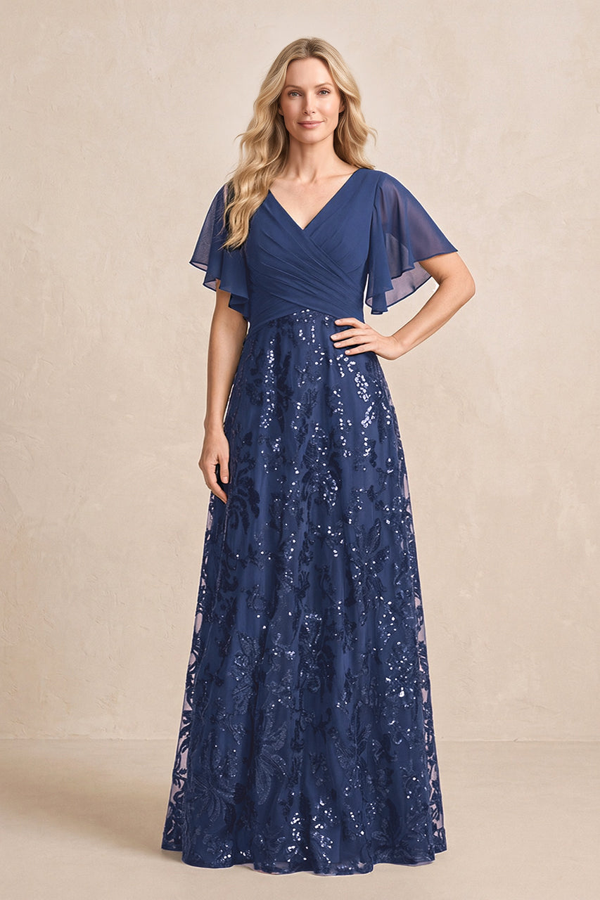 Navy Chiffon V-Neck A-Line Embroidered Mother of the Bride Dress with Ruffled Sleeves