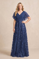 Navy Chiffon V-Neck A-Line Embroidered Mother of the Bride Dress with Ruffled Sleeves | KISSBRIDAL
