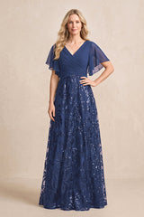 Navy Chiffon V-Neck A-Line Embroidered Mother of the Bride Dress with Ruffled Sleeves | KISSBRIDAL