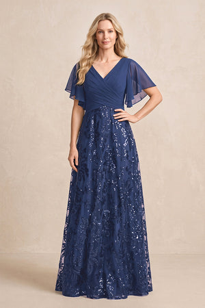 Navy Chiffon V-Neck A-Line Embroidered Mother of the Bride Dress with Ruffled Sleeves | KISSBRIDAL