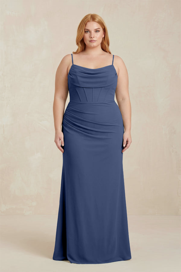 Navy Cowl Neck Sheath Chiffon Bridesmaid Dress with Corset  [sizeplus] | KISSBRIDAL