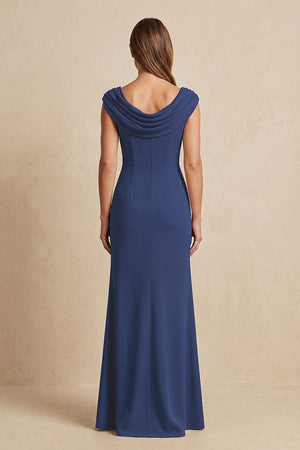 Navy Cowl Neck Sheath Chiffon Mother of the Bride Dress with Slit and Cap Sleeves (2) | KISSBRIDAL