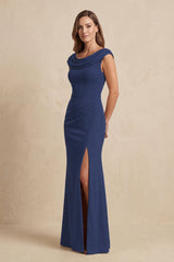 Navy Cowl Neck Sheath Chiffon Mother of the Bride Dress with Slit and Cap Sleeves | KISSBRIDAL