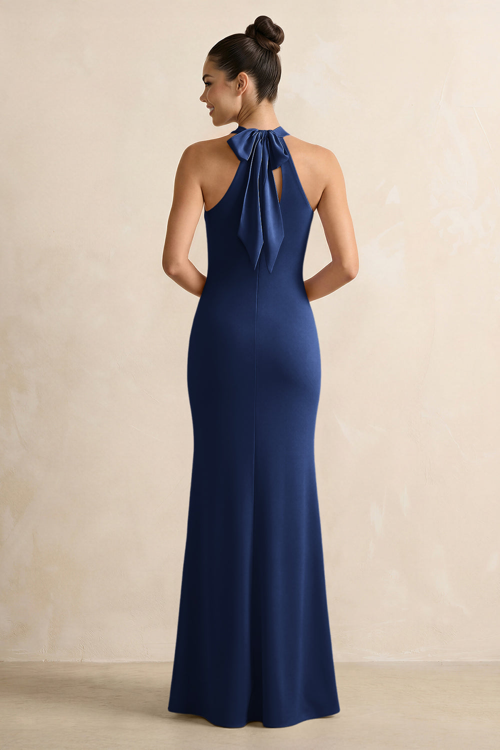 Crisscross Halter Sheath Satin Bridesmaid Dress with Bow in Navy