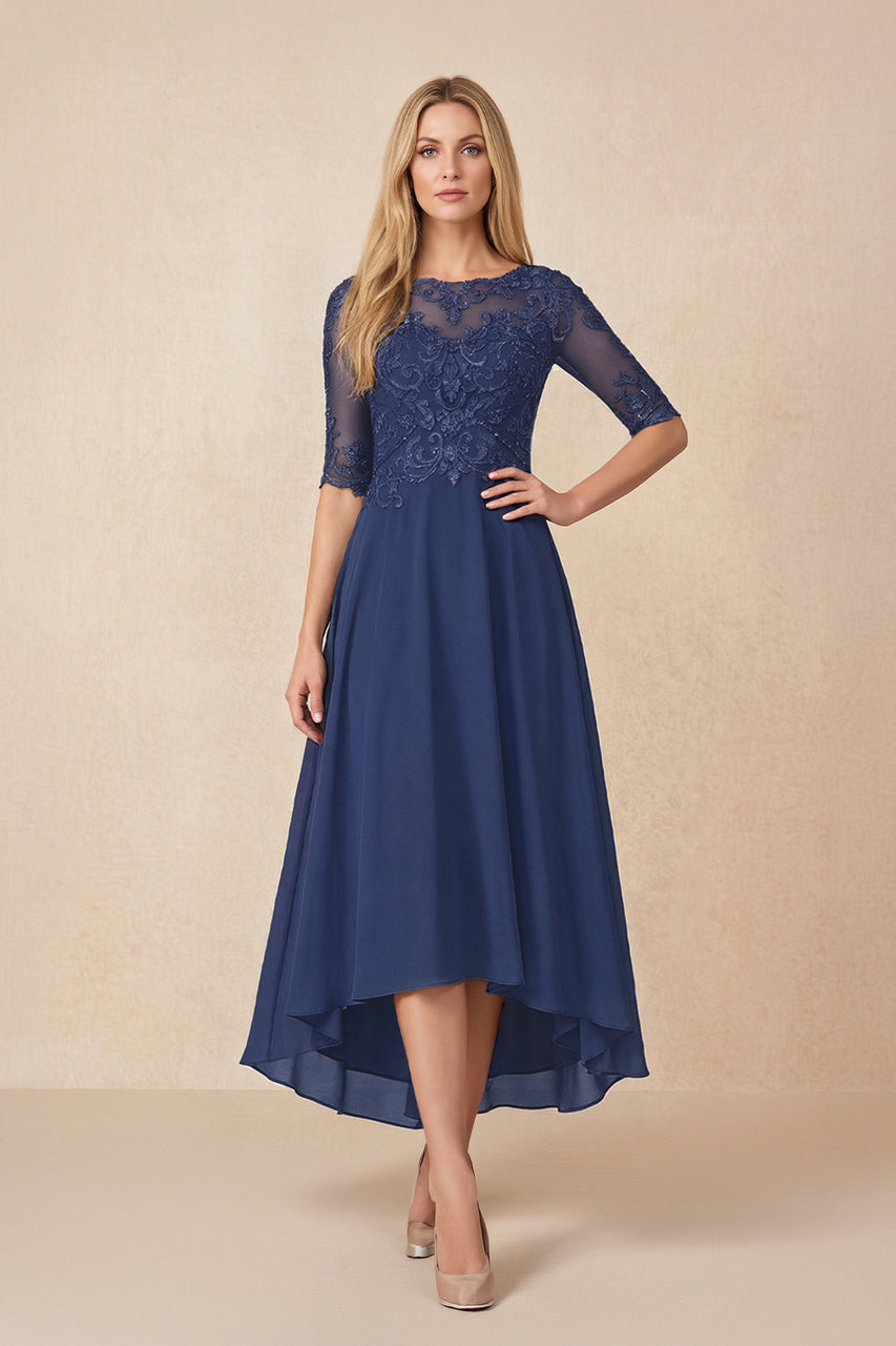 Navy Embroidered A-Line Chiffon Midi Mother of the Bride Dress with Sleeves
