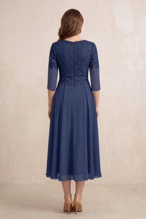 Navy Embroidered Chiffon A-Line Midi Mother of the Bride Dress (2) | KISSBRIDAL