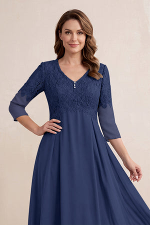 Navy Embroidered Chiffon A-Line Midi Mother of the Bride Dress (3) | KISSBRIDAL