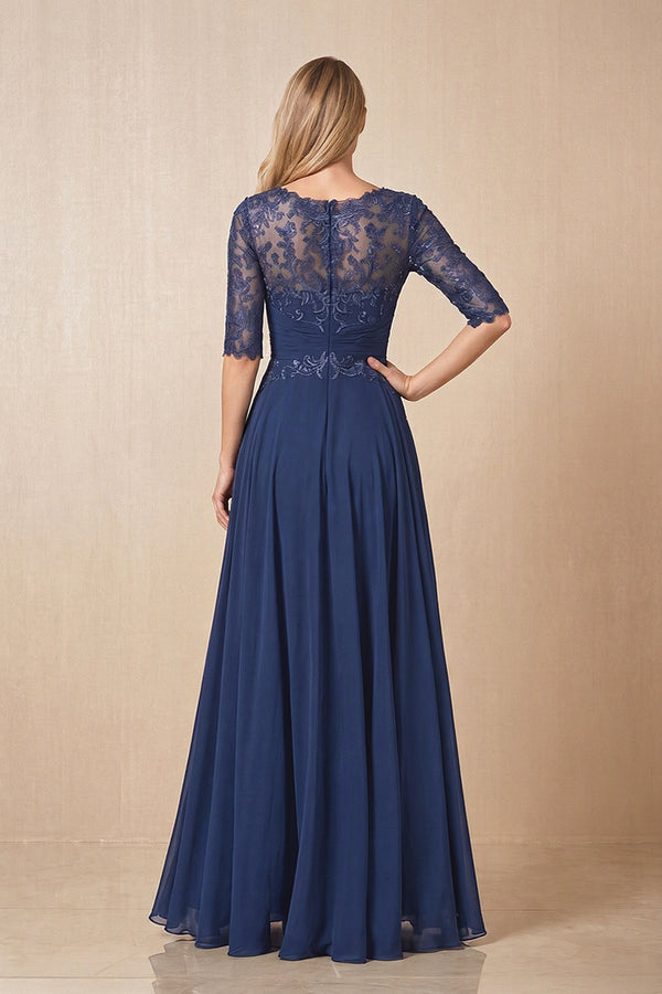 Navy Embroidered Chiffon Boat Neck A-Line Mother of the Bride Dress with Half Sleeves (2) | KISSBRIDAL