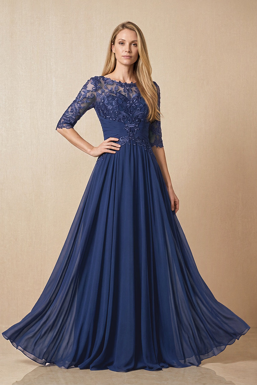 Navy Embroidered Chiffon Boat Neck A-Line Mother of the Bride Dress with Half Sleeves