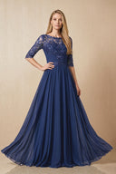 Navy Embroidered Chiffon Boat Neck A-Line Mother of the Bride Dress with Half Sleeves | KISSBRIDAL