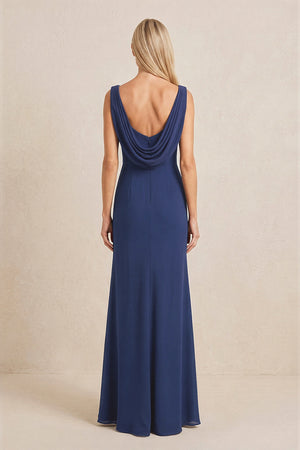 Navy Embroidered Cowl Neck Sheath Chiffon Mother of the Bride Dress (2) | KISSBRIDAL