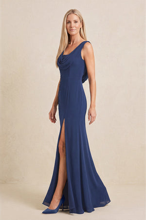 Navy Embroidered Cowl Neck Sheath Chiffon Mother of the Bride Dress (3) | KISSBRIDAL