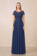 Navy Illusion Neck A-Line Chiffon Cap Sleeves Mother of the Bride Dress | KISSBRIDAL