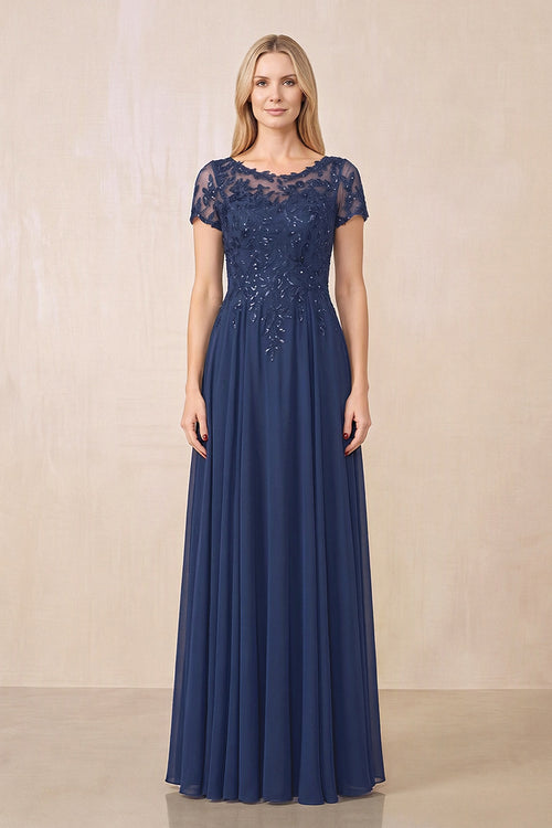 Navy Illusion Neck A-Line Chiffon Cap Sleeves Mother of the Bride Dress | KISSBRIDAL