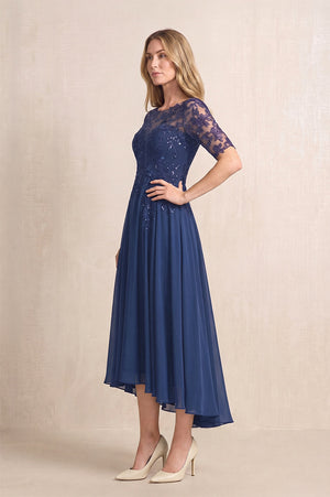 Navy Illusion Neck A-Line Chiffon Lace Midi Mother of the Bride Dress with Half Sleeves (3) | KISSBRIDAL