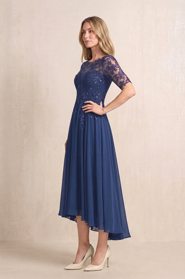 Navy Illusion Neck A-Line Chiffon Lace Midi Mother of the Bride Dress with Half Sleeves (3) | KISSBRIDAL