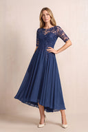 Navy Illusion Neck A-Line Chiffon Lace Midi Mother of the Bride Dress with Half Sleeves | KISSBRIDAL