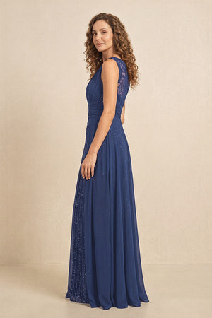 Navy Illusion Neck A-Line Satin Embroidered Pleated Mother of the Bride Dress (3) | KISSBRIDAL