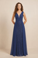 Navy Illusion Neck A-Line Satin Embroidered Pleated Mother of the Bride Dress | KISSBRIDAL