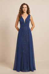 Navy Illusion Neck A-Line Satin Embroidered Pleated Mother of the Bride Dress | KISSBRIDAL