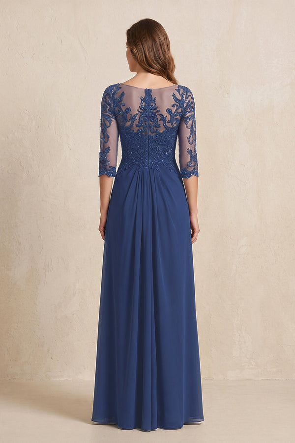 Navy Illusion Neck Sheath Embroidered Chiffon Mother of the Bride Dress with Half Sleeves (2) | KISSBRIDAL